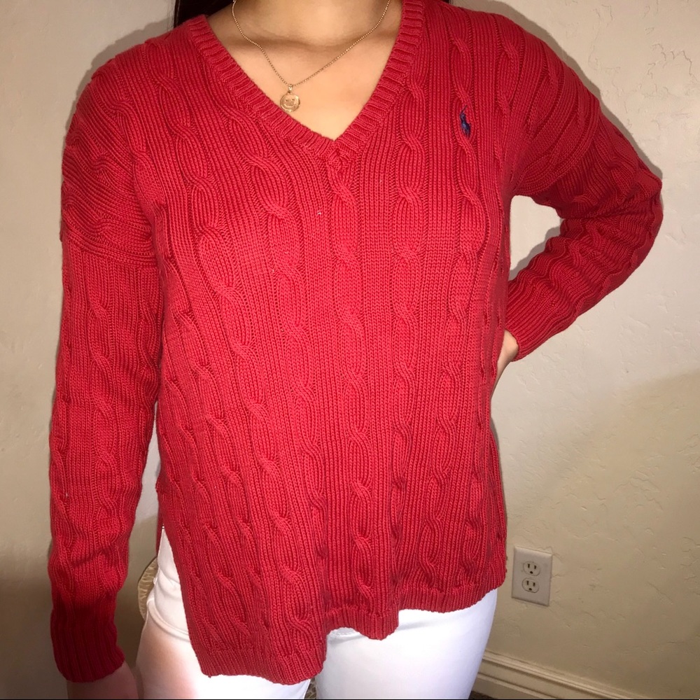 red knit v-neck sweater from ralph lauren